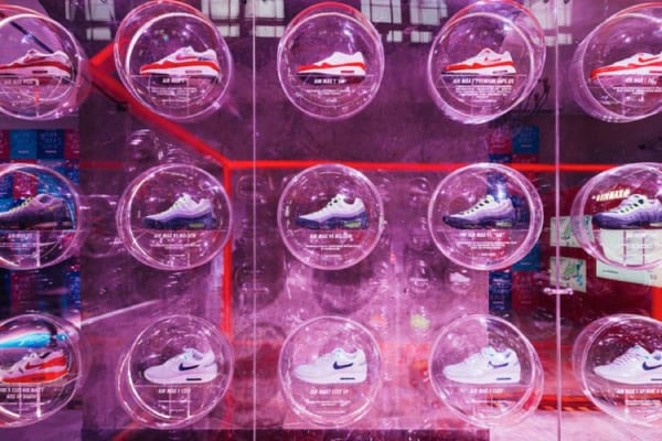A display of shoes in a glass case AI-generated content may be incorrect.